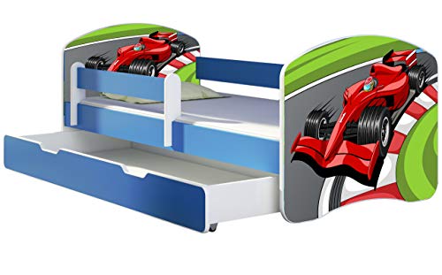 ACMA Kinderbett Jugendbett mit Einer Schublade und Matratze Blau mit Rausfallschutz Lattenrost II 140x70 160x80 180x80 (06 Formel 1, 180x80 + Bettkasten) von ACMA
