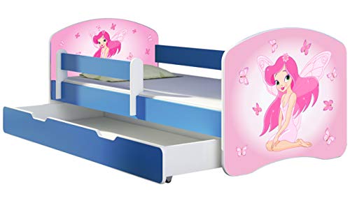 ACMA Kinderbett Jugendbett mit Einer Schublade und Matratze Blau mit Rausfallschutz Lattenrost II 140x70 160x80 180x80 (07 Rosa Fee, 140x70 + Bettkasten) von ACMA