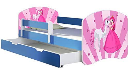 ACMA Kinderbett Jugendbett mit Einer Schublade und Matratze Blau mit Rausfallschutz Lattenrost II 140x70 160x80 180x80 (08 Princess, 140x70 + Bettkasten) von ACMA