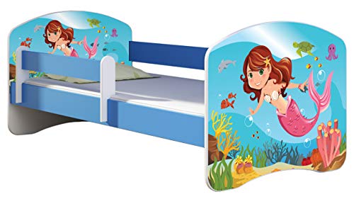 ACMA Kinderbett Jugendbett mit Einer Schublade und Matratze Blau mit Rausfallschutz Lattenrost II 140x70 160x80 180x80 (09 Meerjungfrau, 160x80) von ACMA