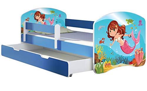 ACMA Kinderbett Jugendbett mit Einer Schublade und Matratze Blau mit Rausfallschutz Lattenrost II 140x70 160x80 180x80 (09 Meerjungfrau, 160x80 + Bettkasten) von ACMA