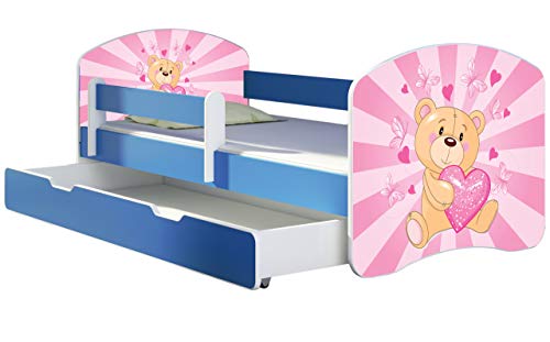 ACMA Kinderbett Jugendbett mit Einer Schublade und Matratze Blau mit Rausfallschutz Lattenrost II 140x70 160x80 180x80 (10 Teddybär, 180x80 + Bettkasten) von ACMA