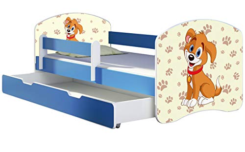 ACMA Kinderbett Jugendbett mit Einer Schublade und Matratze Blau mit Rausfallschutz Lattenrost II 140x70 160x80 180x80 (11 Welpe, 140x70 + Bettkasten) von ACMA