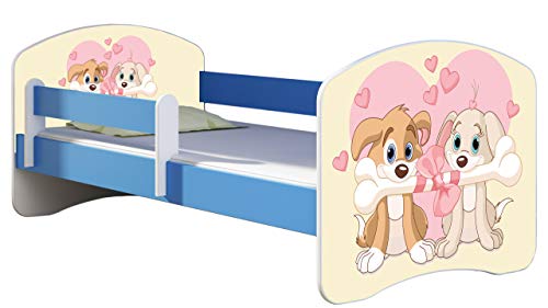 ACMA Kinderbett Jugendbett mit Einer Schublade und Matratze Blau mit Rausfallschutz Lattenrost II 140x70 160x80 180x80 (12 Welpen, 160x80) von ACMA