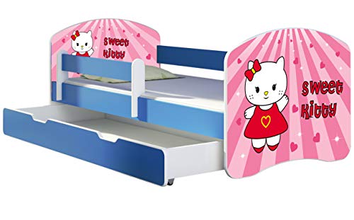 ACMA Kinderbett Jugendbett mit Einer Schublade und Matratze Blau mit Rausfallschutz Lattenrost II 140x70 160x80 180x80 (15 Sweet Kitty, 140x70 + Bettkasten) von ACMA