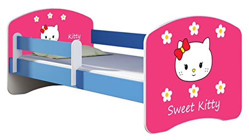 ACMA Kinderbett Jugendbett mit Einer Schublade und Matratze Blau mit Rausfallschutz Lattenrost II 140x70 160x80 180x80 (16 Sweet Kitty 2, 140x70) von ACMA