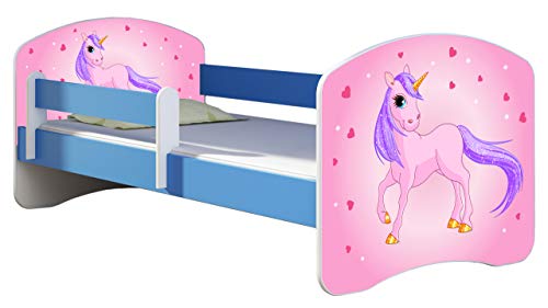 ACMA Kinderbett Jugendbett mit Einer Schublade und Matratze Blau mit Rausfallschutz Lattenrost II 140x70 160x80 180x80 (17 Pony, 140x70) von ACMA