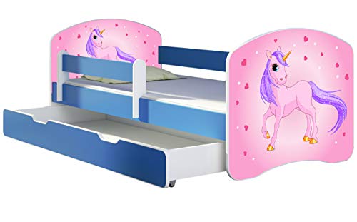 ACMA Kinderbett Jugendbett mit Einer Schublade und Matratze Blau mit Rausfallschutz Lattenrost II 140x70 160x80 180x80 (17 Pony, 160x80 + Bettkasten) von ACMA