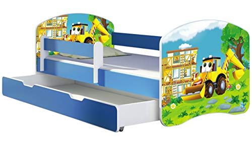 ACMA Kinderbett Jugendbett mit Einer Schublade und Matratze Blau mit Rausfallschutz Lattenrost II 140x70 160x80 180x80 (20 Bagger, 140x70 + Bettkasten) von ACMA