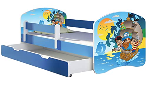 ACMA Kinderbett Jugendbett mit Einer Schublade und Matratze Blau mit Rausfallschutz Lattenrost II 140x70 160x80 180x80 (21 Piraten, 140x70 + Bettkasten) von ACMA