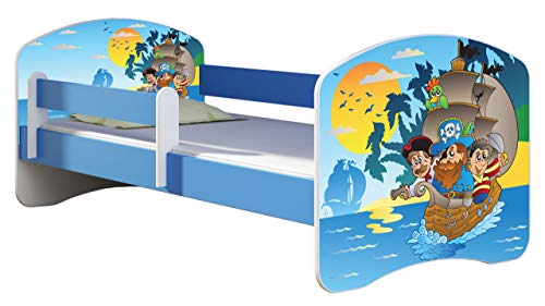 ACMA Kinderbett Jugendbett mit Einer Schublade und Matratze Blau mit Rausfallschutz Lattenrost II 140x70 160x80 180x80 (21 Piraten, 160x80) von ACMA