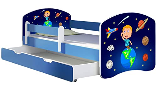 ACMA Kinderbett Jugendbett mit Einer Schublade und Matratze Blau mit Rausfallschutz Lattenrost II 140x70 160x80 180x80 (22 Kosmos, 160x80 + Bettkasten) von ACMA