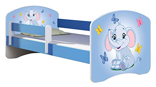ACMA Kinderbett Jugendbett mit Einer Schublade und Matratze Blau mit Rausfallschutz Lattenrost II 140x70 160x80 180x80 (26 Elefant, 140x70) von ACMA