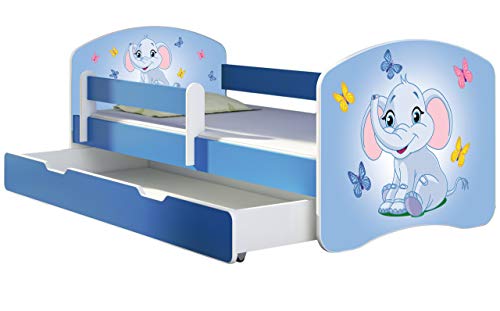 ACMA Kinderbett Jugendbett mit Einer Schublade und Matratze Blau mit Rausfallschutz Lattenrost II 140x70 160x80 180x80 (26 Elefant, 140x70 + Bettkasten) von ACMA