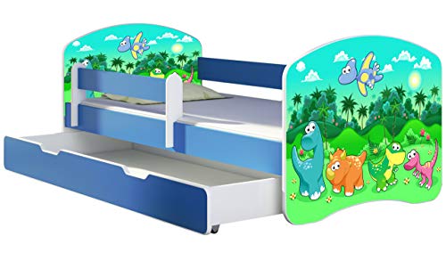 ACMA Kinderbett Jugendbett mit Einer Schublade und Matratze Blau mit Rausfallschutz Lattenrost II 140x70 160x80 180x80 (30 Dino, 140x70 + Bettkasten) von ACMA