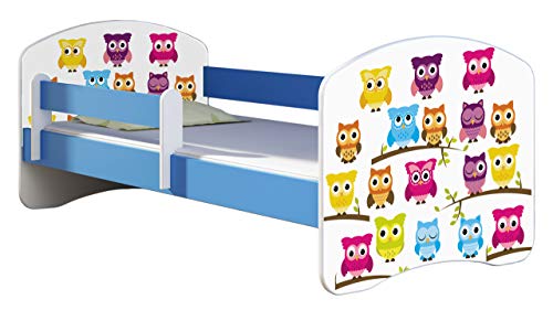 ACMA Kinderbett Jugendbett mit Einer Schublade und Matratze Blau mit Rausfallschutz Lattenrost II 140x70 160x80 180x80 (31 Eule, 140x70) von ACMA