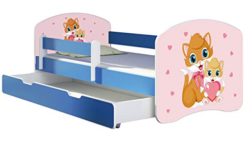 ACMA Kinderbett Jugendbett mit Einer Schublade und Matratze Blau mit Rausfallschutz Lattenrost II 140x70 160x80 180x80 (33 Miezekatzen, 140x70 + Bettkasten) von ACMA