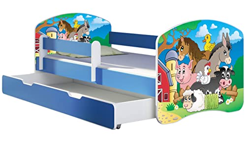 ACMA Kinderbett Jugendbett mit Einer Schublade und Matratze Blau mit Rausfallschutz Lattenrost II 140x70 160x80 180x80 (34 Farm, 140x70 + Bettkasten) von ACMA