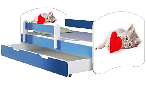 ACMA Kinderbett Jugendbett mit Einer Schublade und Matratze Blau mit Rausfallschutz Lattenrost II 140x70 160x80 180x80 (40 Katze mit Herz, 160x80 + Bettkasten) von ACMA