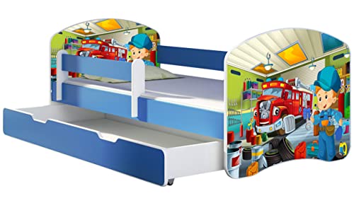 ACMA Kinderbett Jugendbett mit Einer Schublade und Matratze Blau mit Rausfallschutz Lattenrost II 140x70 160x80 180x80 (45 Mechaniker, 140x70 + Bettkasten) von ACMA