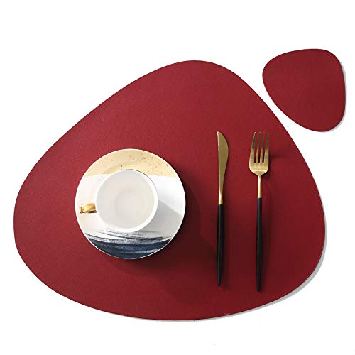 ACMEDE Platzset oval, 4er Set Lederoptik Tischset und Untersetzer wärmedämmend, schmutzabweisend, rutschfest, Tischset wasserdicht, waschbar, abwischbar,Bunte Tischset (Rotwein) von ACMEDE