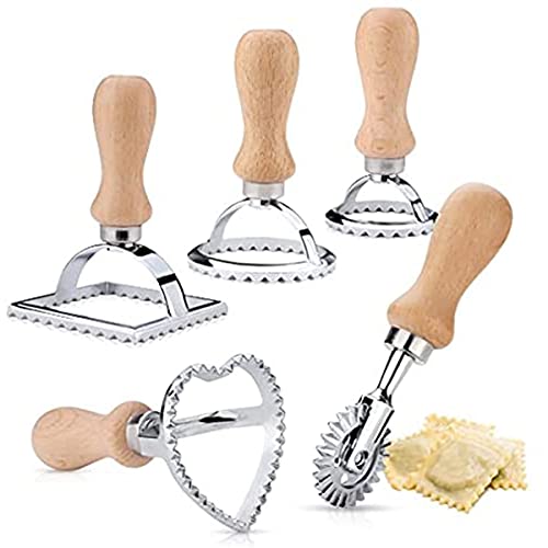 ACMEDE Ravioli Ausstecher Former 5er Set,4 Ravioli-Former mit Holzgriff und Pizza-Teiler, Quadratische Runde Ravioli Hersteller Rad Herz Maker Form Raviolischneider für Ravioli,Knödel Werkzeug von ACMEDE