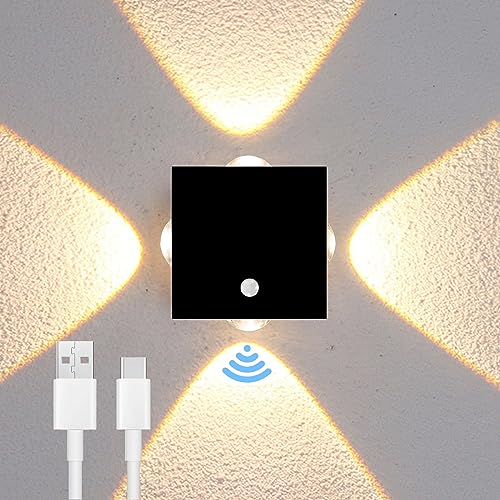 ACMHNC LED Akku Wandlampe Mit Bewegungsmelder, Wandleuchte Innen ohne stromanschluss, USB Aufladbar Lampe ohne kabel Warmweiß Kabellos Treppenlampe mit 4 Spot, 1800mAh Batterie, Schwarz von ACMHNC