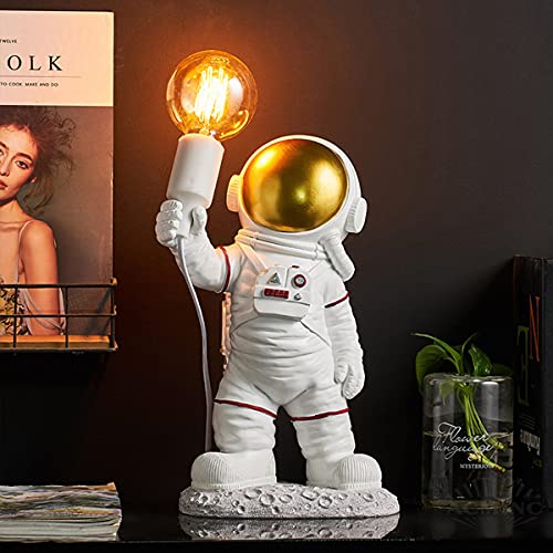 ACMHNC Astronaut Kinder Tischlampe, Modern Spaceman Nachtlicht LED Tischlampe Kinderzimmer Mit Stecker Für Kinder Jungen Mädchen Geschenk, E27 Nachttischlampe Weiß&Gold, H 39Cm von ACMHNC