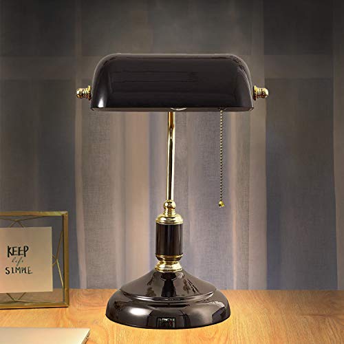 ACMHNC Bankerlampe Schwarz Vintage Tischlampe Mit Zugschalter, Retro Bankers Tischleuchte Mit Einstellbar Glas Lampenschirm Und Metallsockel, Klassische Antik Schreibtischlampe, Schwarz Und Gold, E27 von ACMHNC