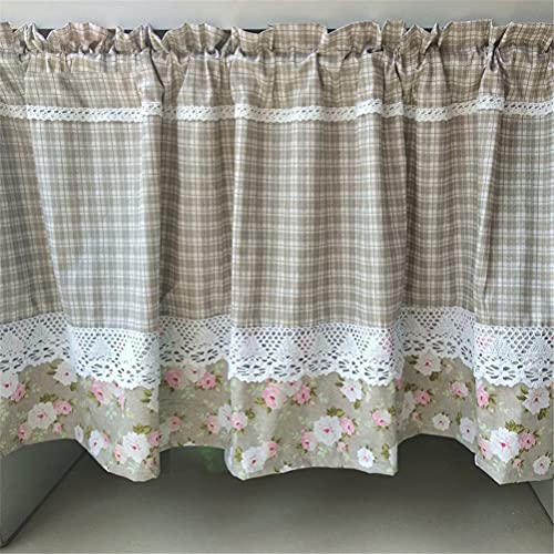 ACMHNC Küchengardine Scheibengardine Landhausstil Vintage Bistrogardine Handgefertigter Baumwoll Polyester Halbvorhang Karierte Floral Cafe Vorhang Dekoration Kurzgardine,Braun,W x H 150 x 40cm von ACMHNC