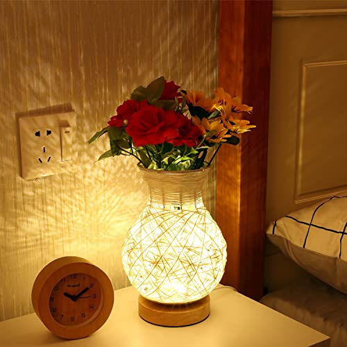 ACMHNC LED Akku Tischlampe aus Rattan und Holz, USB Aufladbare Tischleuchte Kabellos Touch Dimmbar Nachttischlampe im Vase Design, Dekorative Nature Vase lampe für Schlafzimmer Nachttisch Esszimmer von ACMHNC
