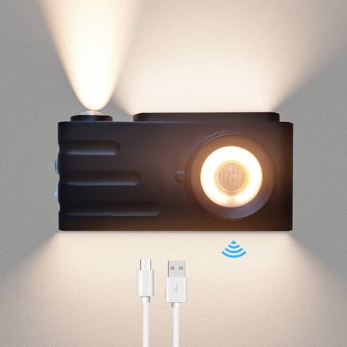 ACMHNC Akku Wandleuchte, 5W LED wandlampe Mit Bewegungsmelder innen, USB Aufladbare Wandleuchte kabellos, ohne stromanschluss, Dimmbar mit Fernsteuerung, Digitalkamera Design, Schwarze von ACMHNC