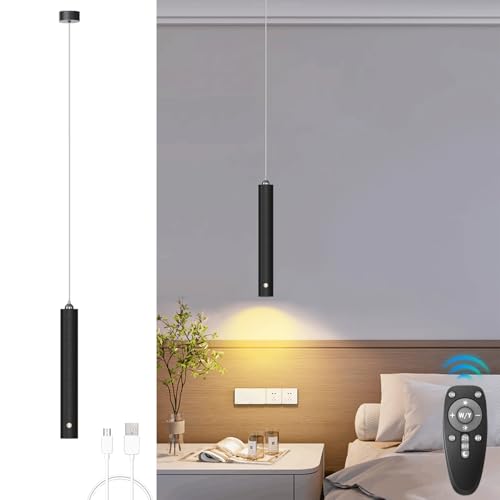 ACMHNC Pendelleuchte Akku, LED Hängelampe mit Batterie 4500mAh, Dimmbare mit Fernbedienung, Timer 1/2/4/6H, 5W Pendelleuchte Schwarz für Schlafzimmer, Esstisch, Ø4x30cm von ACMHNC