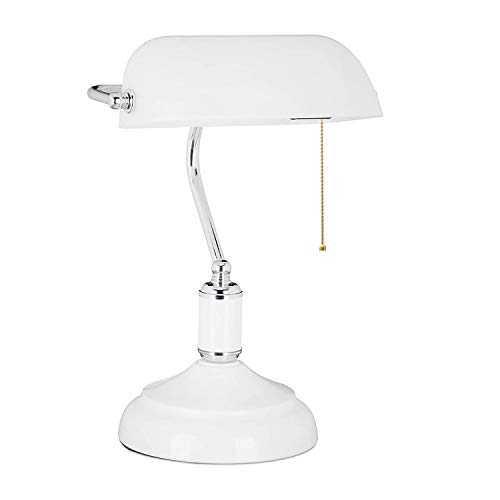 ACMHNC Retro Bankerlampe Weiß Vintage Tischlampe Glas Mit Zugschalter, Traditionelle Schreibtischlampe E27 Bankers Lampe, Schwenkbarer, Weiß Silber Nachttischlampe für Schlafzimmer von ACMHNC