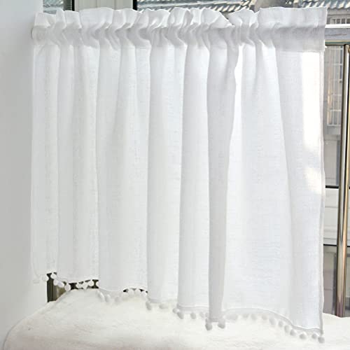 ACMHNC Scheibengardine Moderne Küchen Vorhang Halbtransparente Voile Bistrogardine Unifarbige Leinenoptik Kurzstore Gardine Landhausstil Kleinfenster Dekoschal (White,130cm x 60cm /51"*24") von ACMHNC