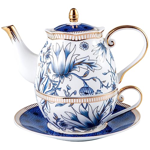 ACMLIFE Tea for One Teekanne und Tasse Set, Vintage Floral Porzellan Tee Set, Bone China Teekanne Set, Tee Set Geschenk für Frauen (Blau und Weiß) von ACMLIFE