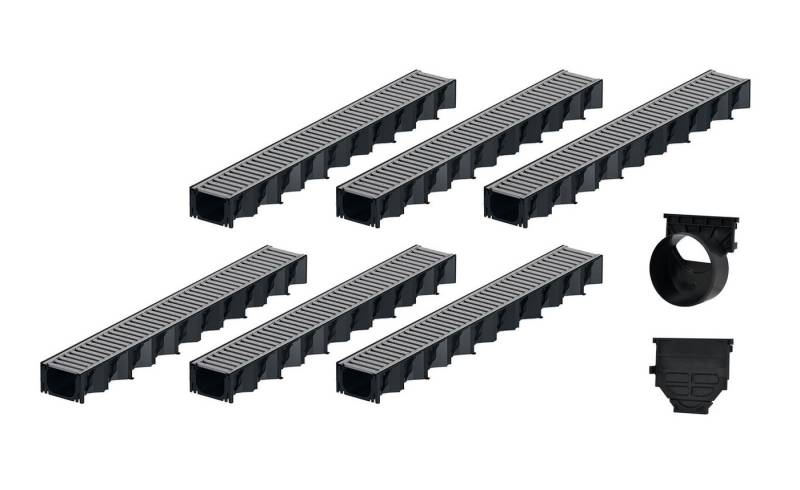 ACO Severin Ahlmann GmbH & Co. KG Entwässerungsrinne 6x1m Hexaline 2.0 Entwässerungsrinne + Stegrost verzinkt + Ablauf, 14-St., horizontaler Ablauf, Rost Stahl verzinkt von ACO Severin Ahlmann GmbH & Co. KG