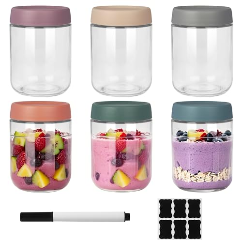 6 Stück Overnight Oats Gläser, 500ML Einmachgläser mit Schraubdeckel und Stift und Aufkleber, für Salat, Chutney, Joghurt, Pudding, Marmelade, Einlegen, klein Gläser Als Mason Jar Meal Prep Boxen von ACOMTUO