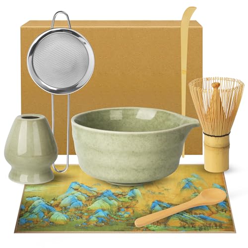 Matcha Set - Matcha Tea Set 7 Piece Matcha Besen Set, Matcha Zubehör - Matcha Set für Einsteiger - Stylisches Matchas Set Matcha-Besen,Matcha Filtersieb,Matcha-Schale, Chasen, Tuch und Matcha Löffel von ACOMTUO