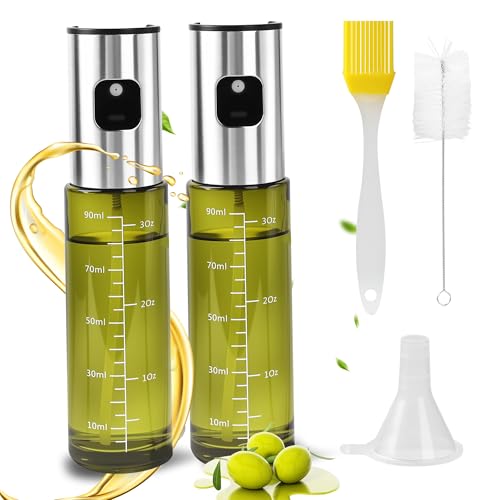 ACOMTUO 2 Stuck Oil Sprayers, 100ml Ölsprüher, Grünes UV-Schutz Glas & Vollmantel Edelstahl, Professionell Ölspray 100% BPA frei - für Grillen, Salat, Backen, mit Skala, Reinigungsbürste & Trichter von ACOMTUO