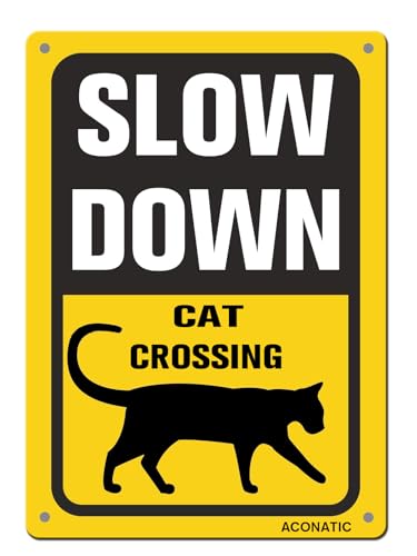 ACONATIC Slow Down – Cat Crossing Aluminium-Metallschild, 40,6 x 30,5 cm, Warnschild für den Hof von ACONATIC
