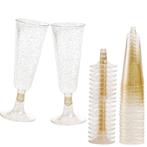 ACONDE 20 Stück Plastik Sektgläser, 150 ml Sektgläser Plastik, Gold glitter Sektgläser, Champagnerflöten aus Kunststoff Wiederverwendbar, für Partys, Hochzeiten von ACONDE