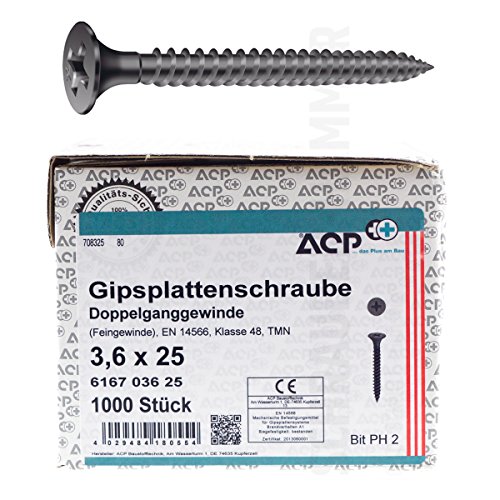 ACP Schnellbauschrauben Feingewinde 3,6 x 25 mm - 1000 Stück, PH 2, Gipsplattenschrauben mit Doppelganggewinde, phosphatiert von ACP