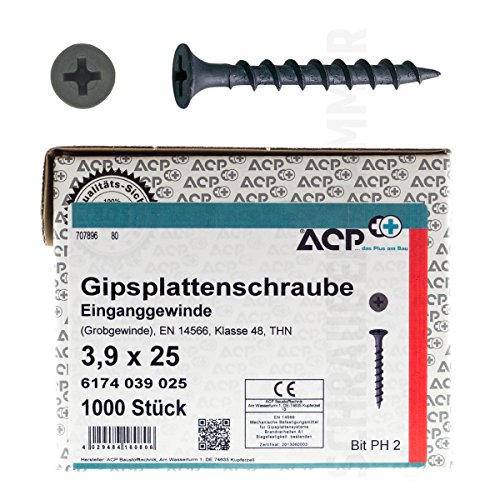 ACP Schnellbauschrauben Grobgewinde 3,9 x 25 mm - 5000 Stück, PH 2, Gipsplattenschraube Einganggewinde, phosphatiert von ACP