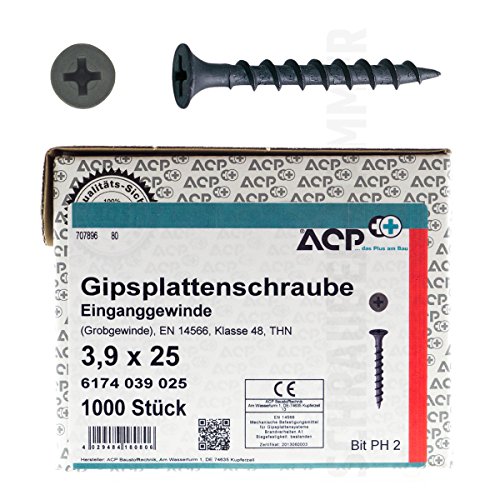 ACP Schnellbauschrauben Grobgewinde 3,9 x 25 mm - 250 Stück, PH 2, Gipsplattenschraube Einganggewinde, phosphatiert von ACP