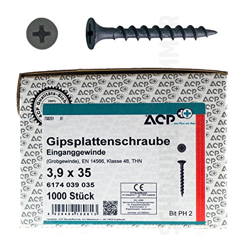 ACP Schnellbauschrauben Grobgewinde 3,9 x 35 mm - 250 Stück, PH 2, Gipsplattenschraube Einganggewinde, phosphatiert von ACP