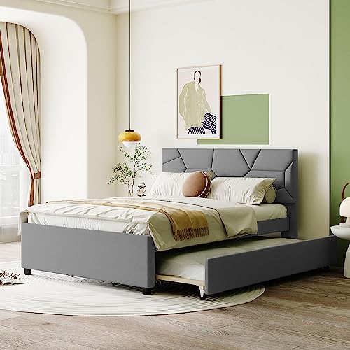ACQCA Gepolstertes Plattformbett in Doppelbettgröße, mit Ausziehbett in Einzelgröße, Kopfteil mit Ziegelmuster, Holzlattenhalter im Lieferumfang enthalten, für Kinder, Mädchen, Jugendliche und ACQCA Gepolstertes Plattformbett in Doppelbettgröße, mit Ausziehbett in Einzelgröße, Kopfteil mit Ziegelmuster, Holzlattenhalter im Lieferumfang enthalten, für Kinder, Mädchen, Jugendliche und von ACQCA