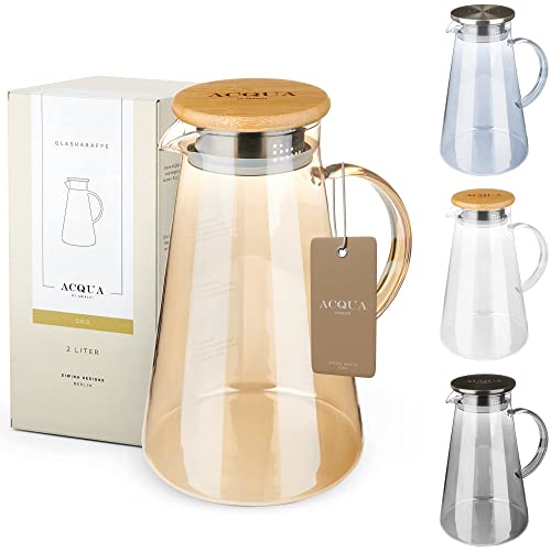 ACQUA DI AMALFI® Glaskaraffe | Wasserkaraffe 2 Liter mit Edelstahl/Bambus Deckel | Wasserkrug mit Fruchteinsatz | Auslaufsicher | Karaffe auch als Teekanne (GOLD/BAMBOO) von ACQUA di Amalfi