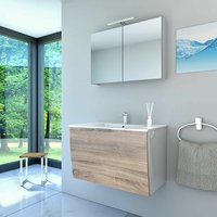 Badmöbel Set Gently 1 V1 Weiß/Eiche mdf Waschtisch 80cm mit 5W LED-Strahler / Energiebox - Weiß von ACQUAVAPORE