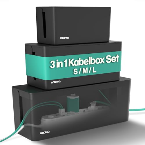 ACROPAQ Kabelbox - 3 in 1 Set, Kabelmanagement Box zum Kabel verstecken und Steckdosen verstecken, Kunststoff, Schwarz - Kabel Box groß, Kabelaufbewahrung, Steckdosenbox, Cable Box, Kabelboxen von ACROPAQ